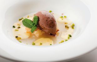 Pear Gelatine with Chocolate Ice Cream, Pistachios and Saffron Flavored Cream