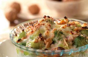 Gratin of Brussels Sprouts with Gorgonzola and Walnuts