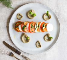 Mozzarella and summer vegetables caprese with spicy eggplant cream