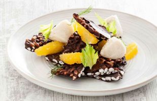 Chocolate and Rice Wafers with Almond Custard and Scented Oranges