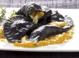 Mezzelune Pasta in Squid Ink with Pumpkin and Fish