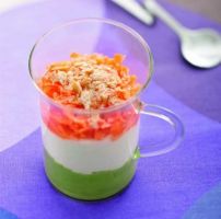 Tricolor Glasses with Carrots, Peas and Ricotta