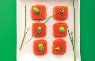 Cold Tomato Jellies with Three Herbs Topped off with Juice