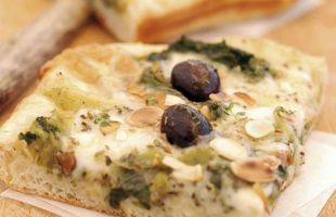 Pizza with Salad, Taleggio Cheese, Almonds and Black Olives