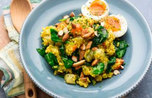 Turmeric millet with winter vegetables and soft boiled egg