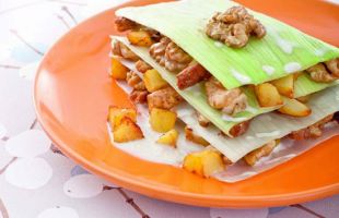 Millefeuille of Leeks with Nuts, Potatoes and Tempeh