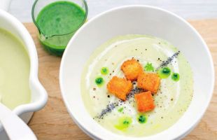 Jerusalem Artichoke Soup with Parsley Flavored Oil and Mustard Croutons